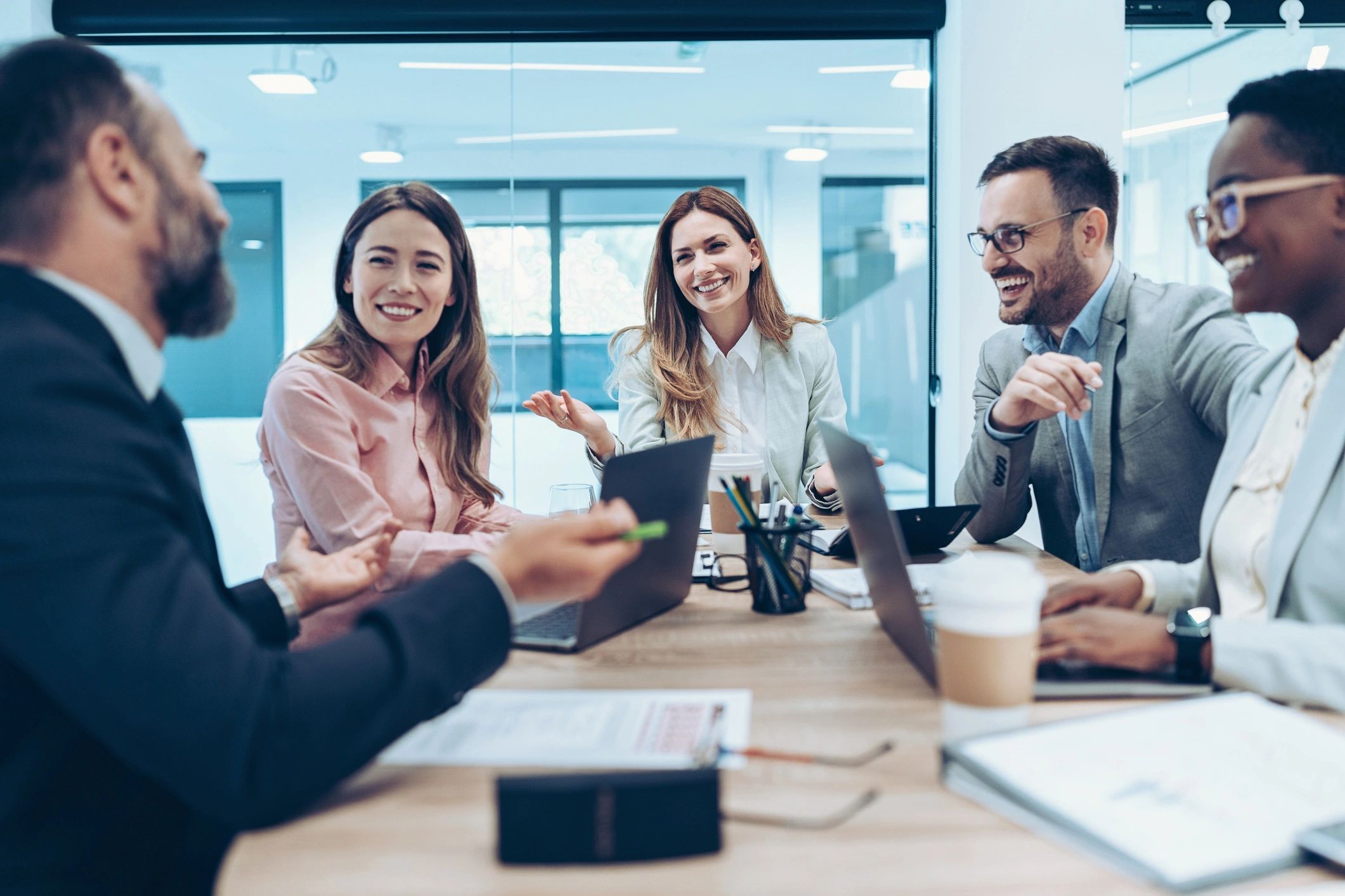 Business team collaborating around a conference table