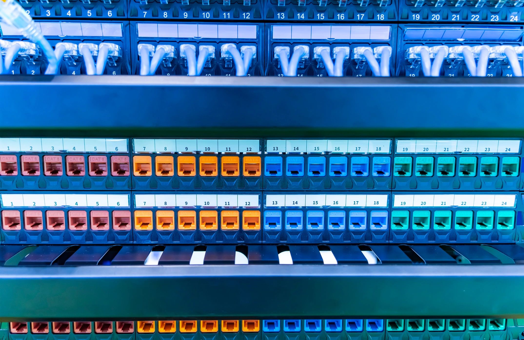 Colorful patch panel in a server rack