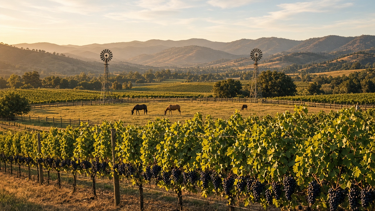 Napa ranch vineyard with grapes, windmills, and horses