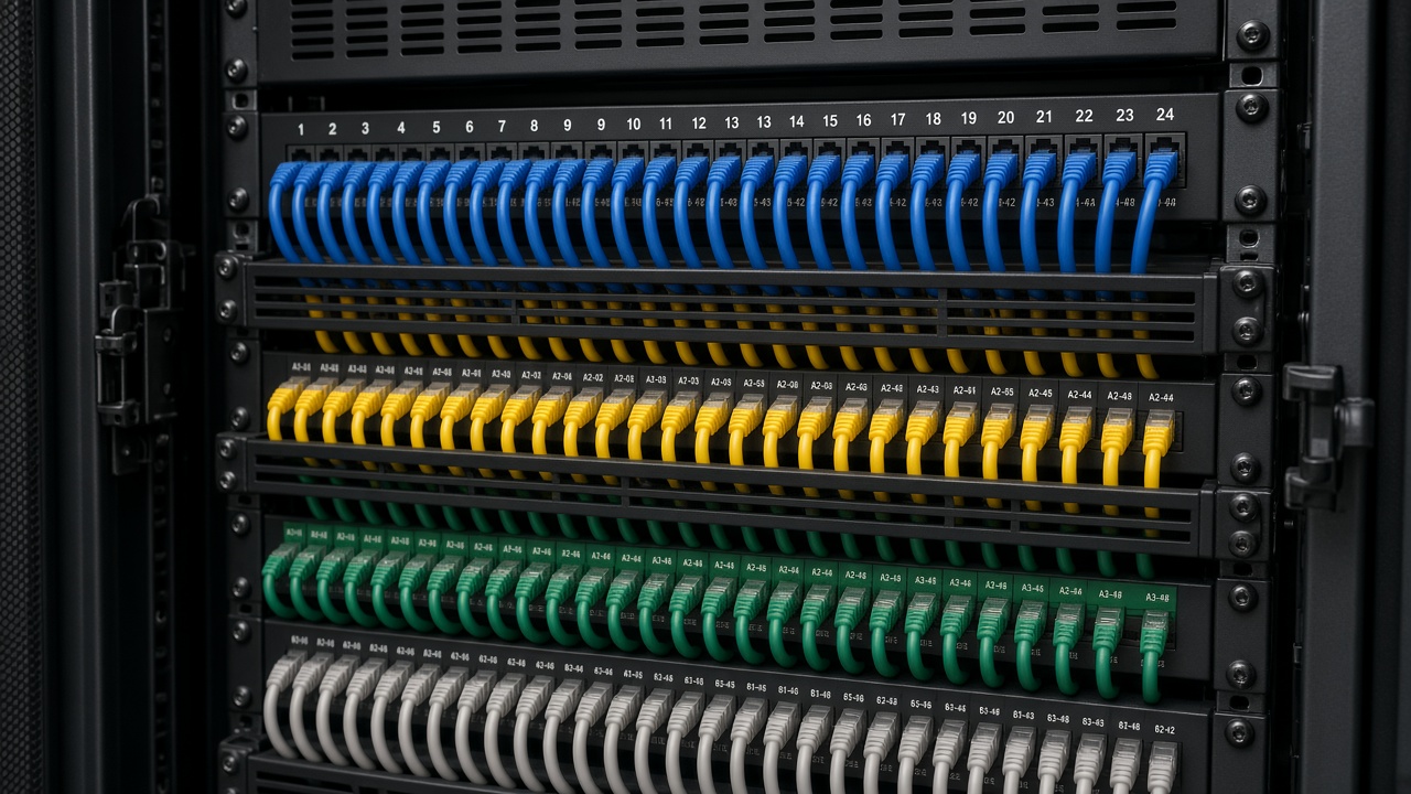 Neatly dressed patch panel field with color-coded patch cables in a business network rack