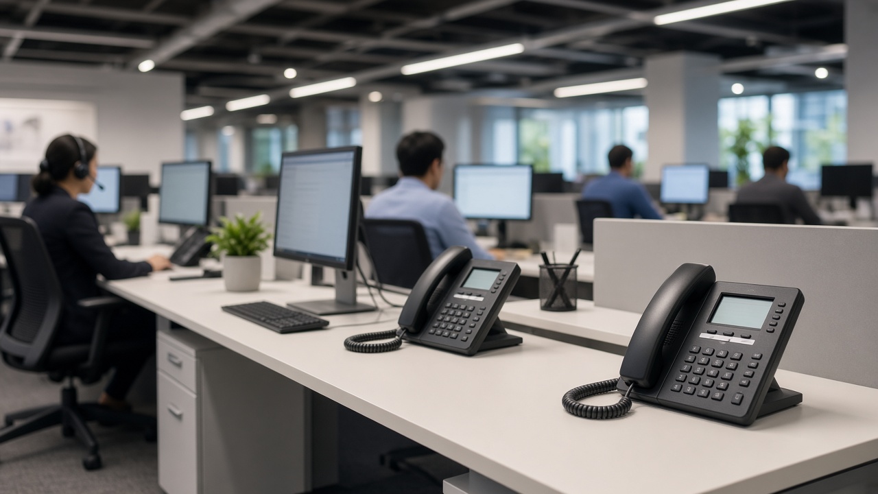 Call center desks with VoIP telephones visible