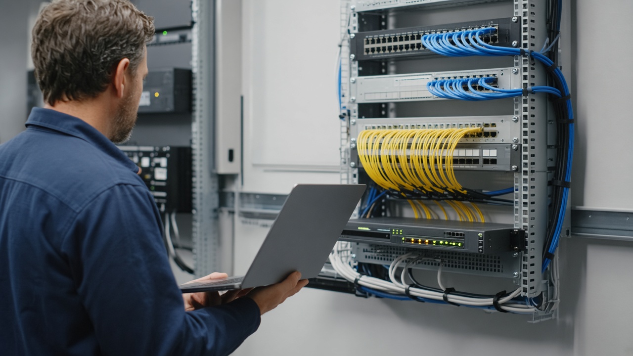 Technician supporting business phone and network equipment