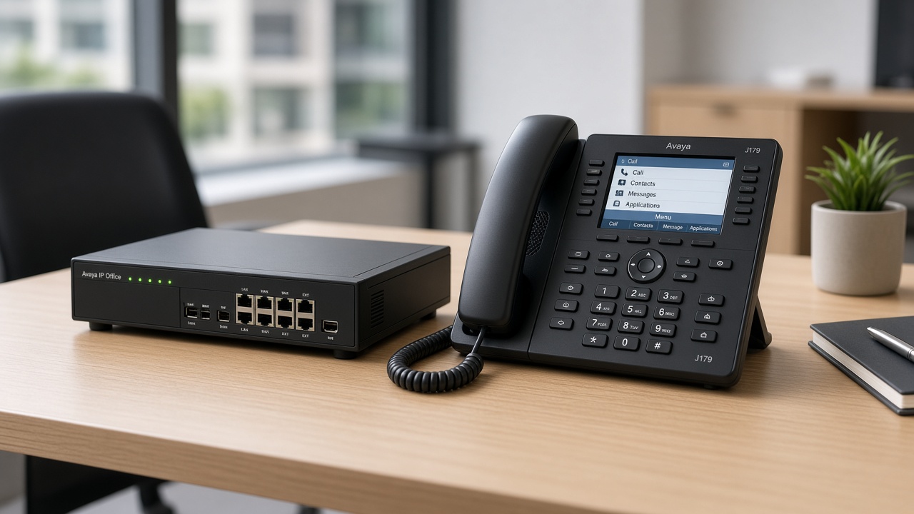 Avaya IP Office system and Avaya J179 telephone on a clean desk
