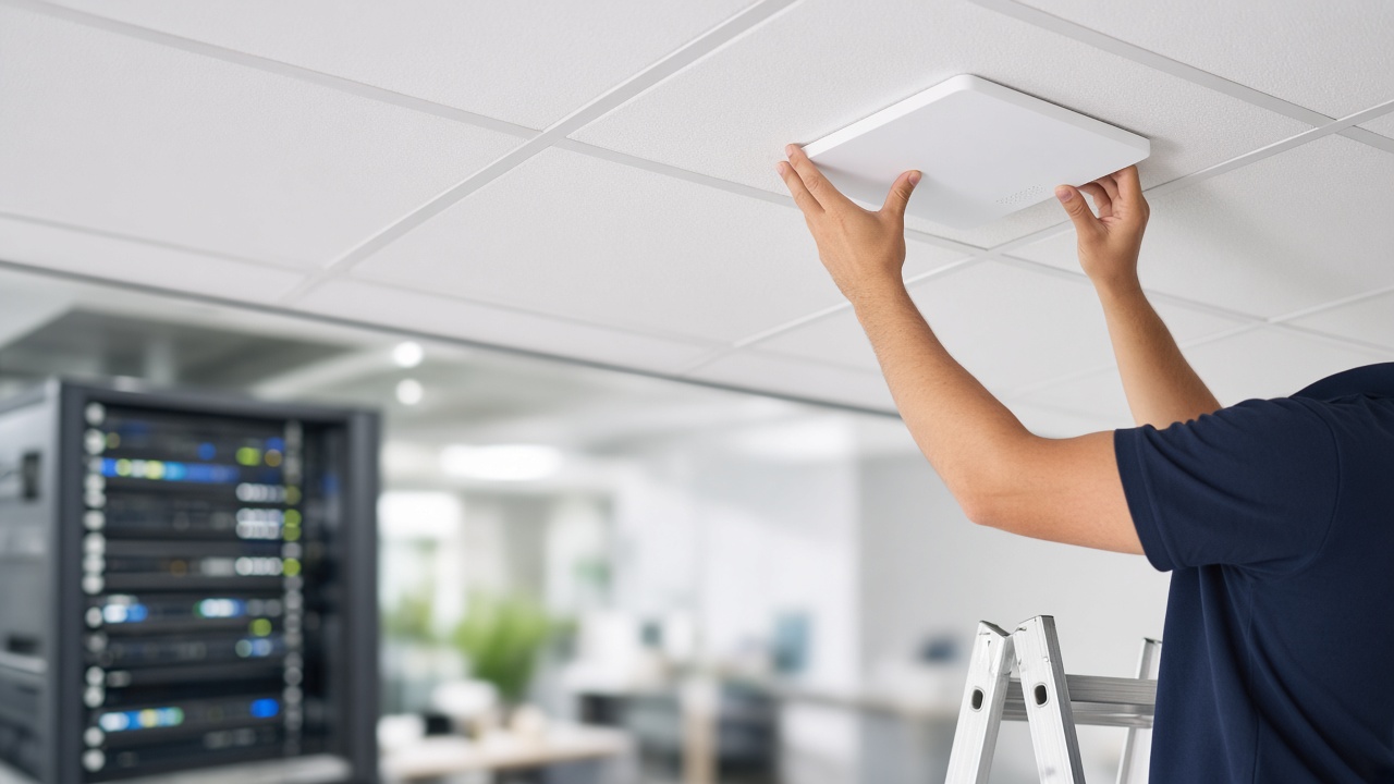 Technician’s hands mounting a white square ceiling access point
